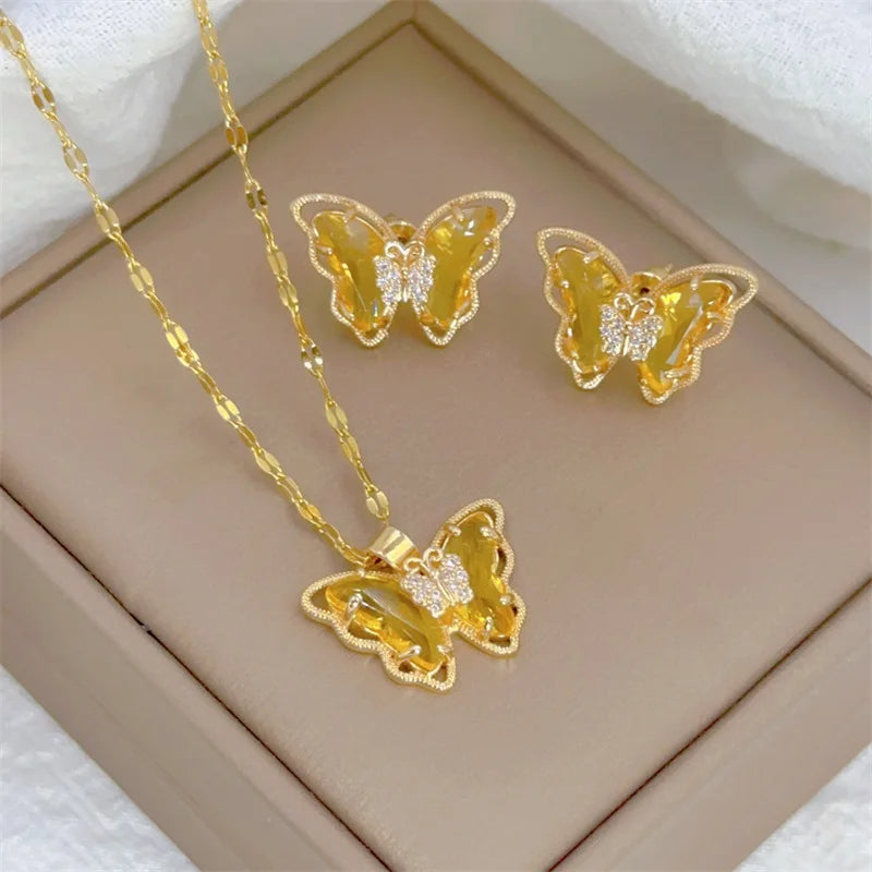 Conjunto Feminino de Colar e Brincos Borboleta, Luxo Europeu em Aço Inoxidável Micro-Incrustado