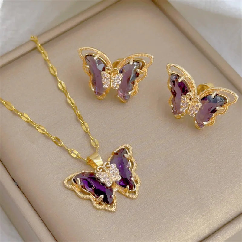 Conjunto Feminino de Colar e Brincos Borboleta, Luxo Europeu em Aço Inoxidável Micro-Incrustado