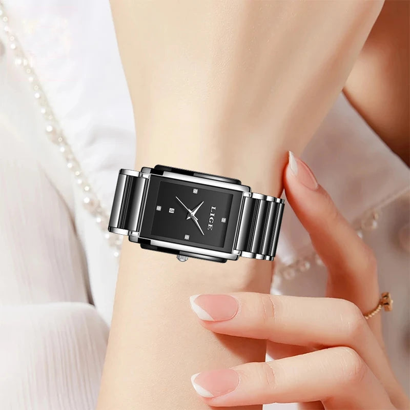 Relógio Feminino LIGE Quadrado de Quartzo em Cerâmica, 34mm, Funções de Data Automática e Resistência à Água 3ATM