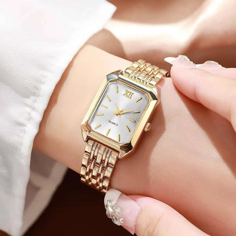 Relógio Feminino Retangular de Quartzo em Metal Dourado, Design Slim e Sofisticado para Looks Fashion e Casuais