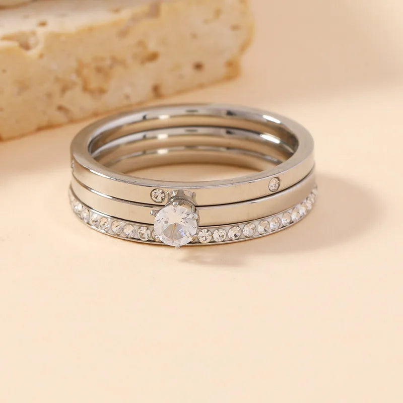 Conjunto Feminino com 3 Anéis em Aço Inoxidável Banhado a Ouro 18K, Clássicos com Zircônia para Estilo Moderno