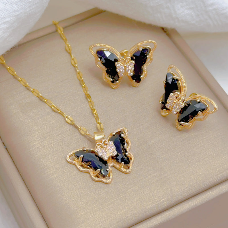 Conjunto Feminino de Colar e Brincos Borboleta, Luxo Europeu em Aço Inoxidável Micro-Incrustado