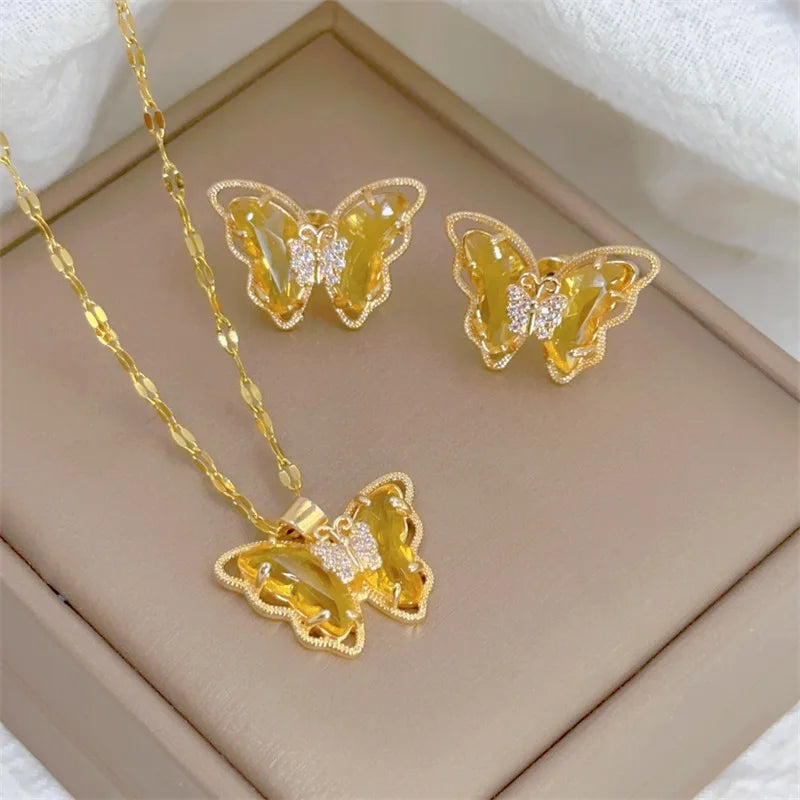 Conjunto Feminino de Colar e Brincos Borboleta, Luxo Europeu em Aço Inoxidável Micro-Incrustado
