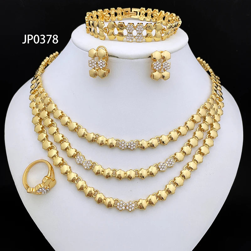 Kit Feminino Banhado a Ouro com Colar, Brincos, Pulseira e Anel, Luxo Italiano para Festas e Eventos