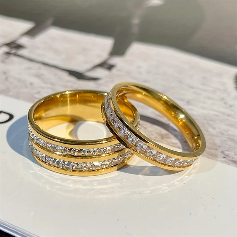 Conjunto Feminino com 3 Anéis em Aço Inoxidável Banhado a Ouro 18K, Clássicos com Zircônia para Estilo Moderno