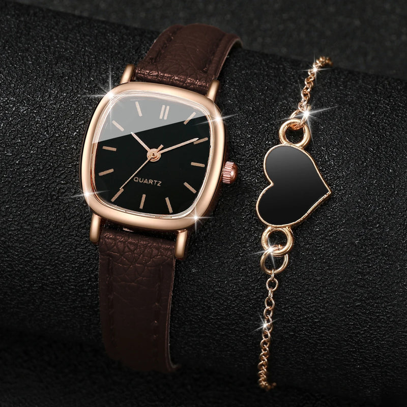 Conjunto Feminino Relógio de Quartzo Quadrado + Pulseira de Coração, Estilo Casual Chic em Couro