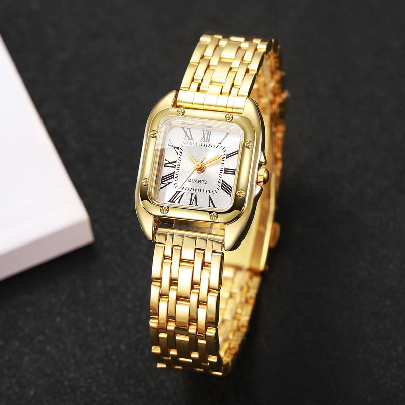 Relógio Feminino Quadrado de Quartzo 23mm, Mostrador Romano, Pulseira Metálica Dourada Casual e Fashion