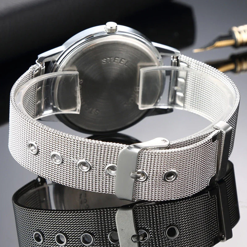 Relógio Feminino Analógico em Metal com Pulseira de Malha, Mostrador Redondo Slim 40mm Elegante para o Dia a Dia