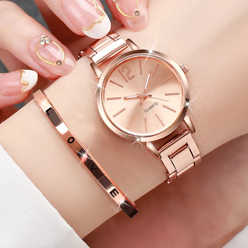 Conjunto Feminino com Relógio de Quartzo Dourado + Pulseira, Elegância Casual em Aço de Liga para o Dia a Dia
