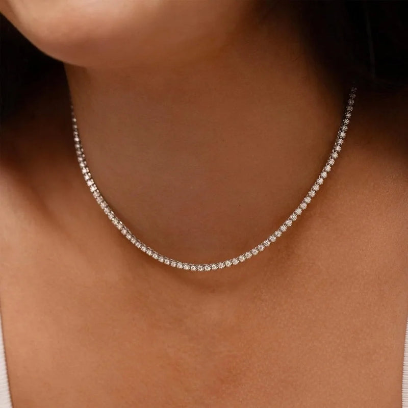 Colar Gargantilha de Tênis Moissanite 2mm em Prata 925, Brilho Intenso e Luxo Atemporal