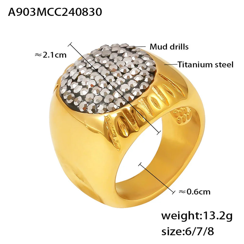 Anel Feminino em Aço Inoxidável Banhado a Ouro 18K com Strass Brilhantes, Estilo Fashion à Prova D’Água