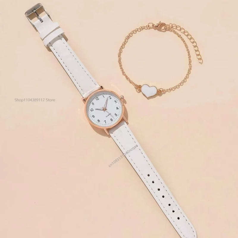 Kit Feminino com Relógio de Quartzo 31mm + Pulseira, Mostrador Redondo e Pulseira de Couro, Visual Casual Elegante para Todo Dia