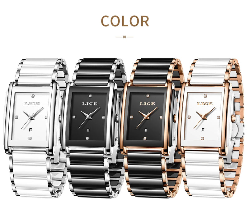 Relógio Feminino LIGE Quadrado de Quartzo em Cerâmica, 34mm, Funções de Data Automática e Resistência à Água 3ATM