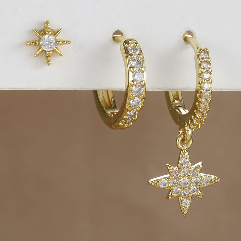 Conjunto com 3 Pares de Brincos Estrela em Aço Inoxidável Banhados a Ouro 18K, Estilo Punk e Moderno