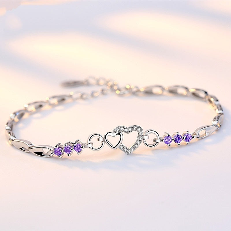 Pulseira Feminina em Prata 925 com Cristais de Zircão Roxo, Design Romântico e Elegante para Presente