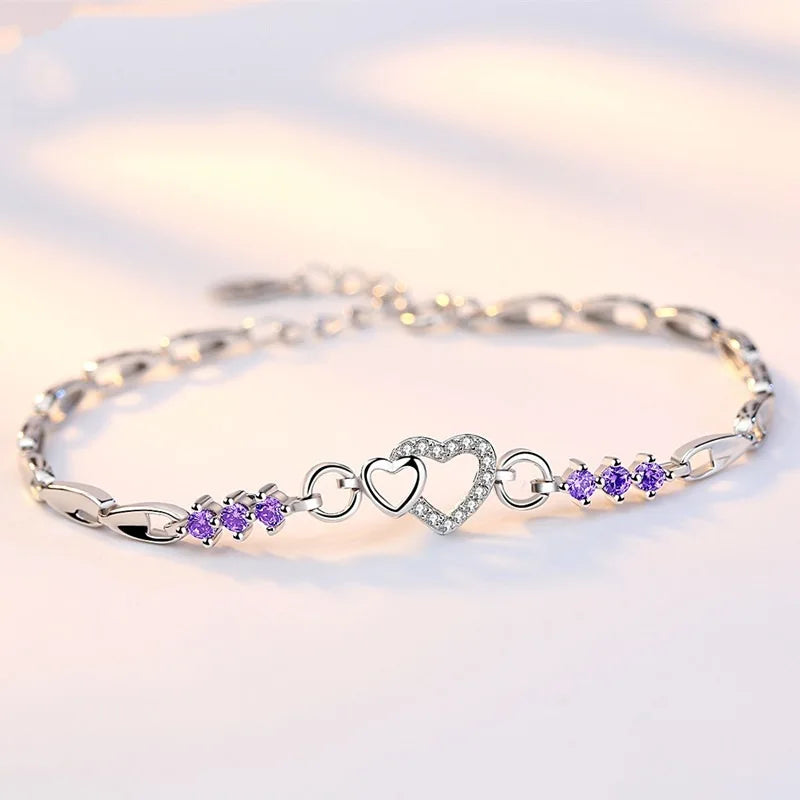 Pulseira Feminina em Prata 925 com Cristais de Zircão Roxo, Design Romântico e Elegante para Presente