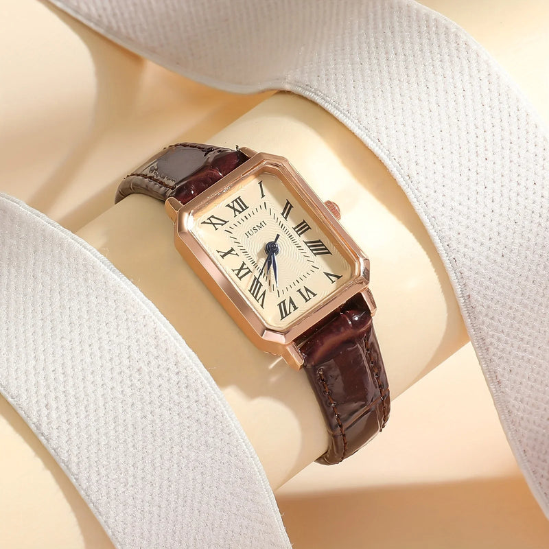 Relógio Feminino Retangular com Pulseira de Couro, Mostrador Romano e Visual Retrô para o Dia a Dia