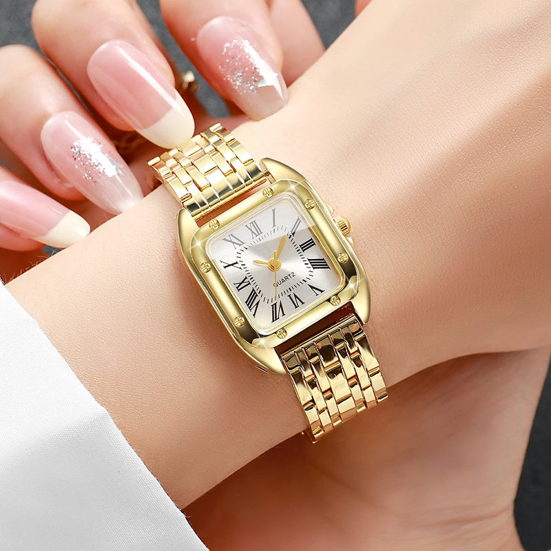 Relógio Feminino Quadrado de Quartzo 23mm, Mostrador Romano, Pulseira Metálica Dourada Casual e Fashion